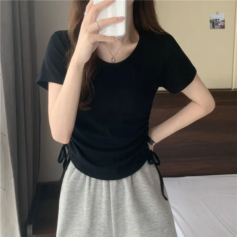 Ladies Round Neck Drawstring Thin Short-Sleeved T-Shirt 2024 Summer New Korean Women's Simple Chic Slim Tops