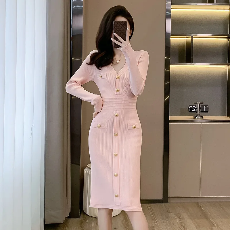 Spring New Women's Long Sleeved Dresses Ice Silk Knitted Wrapped Hip Skirt