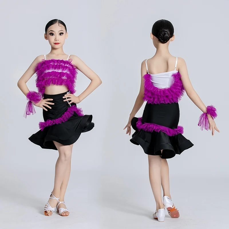 

Purple Latin Dance Costume Gauze Tops Velvet Skirt Tango Rumba Competition Clothing ChaCha Dance Performance Clothing VDB7785