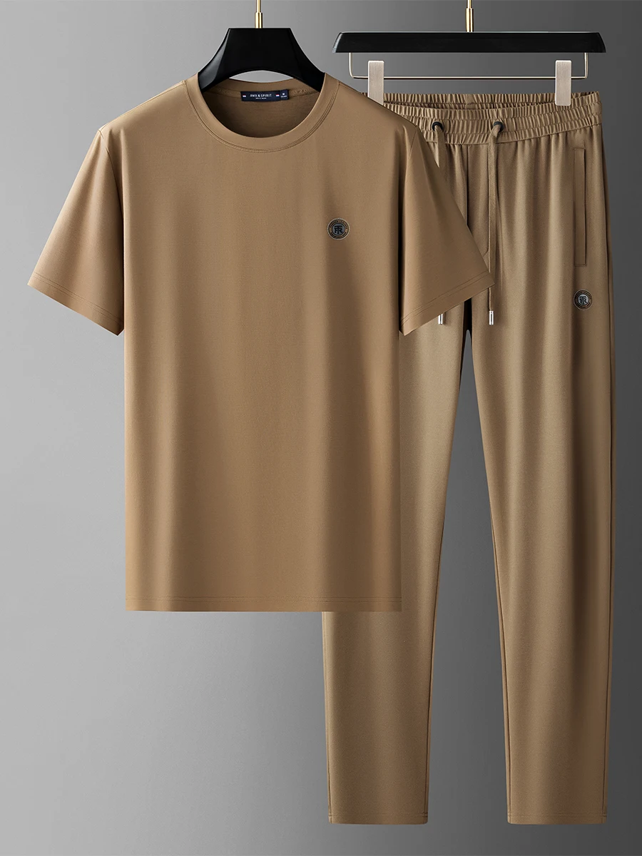 JSBD Summer High-end Lightweight Cool Mulberry Silk Suit Men's Skin Men's Casual Round Neck Short Sleeve Sports Suit