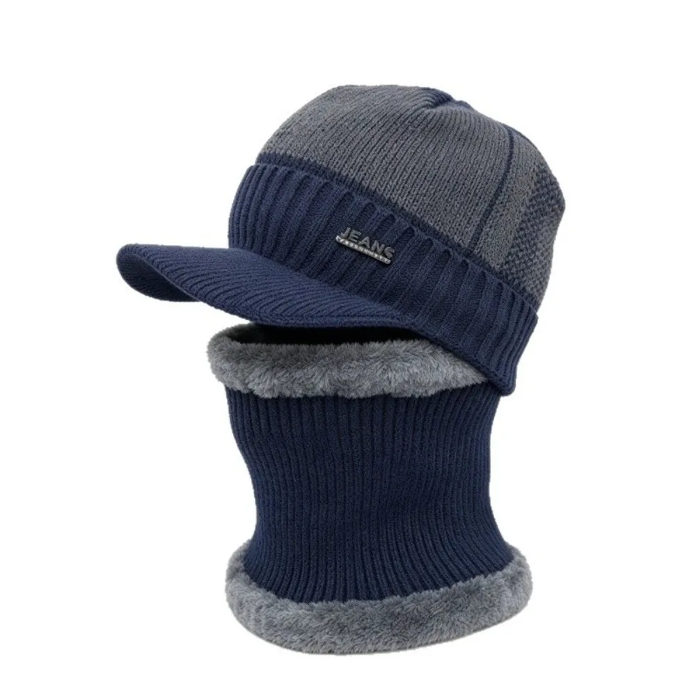 2Pcs/Set Fashion Warm Knitted Beanie Hat Fur Lined Thickened Scarf Caps Windproof Soft Neck Protect Cap Outdoor
