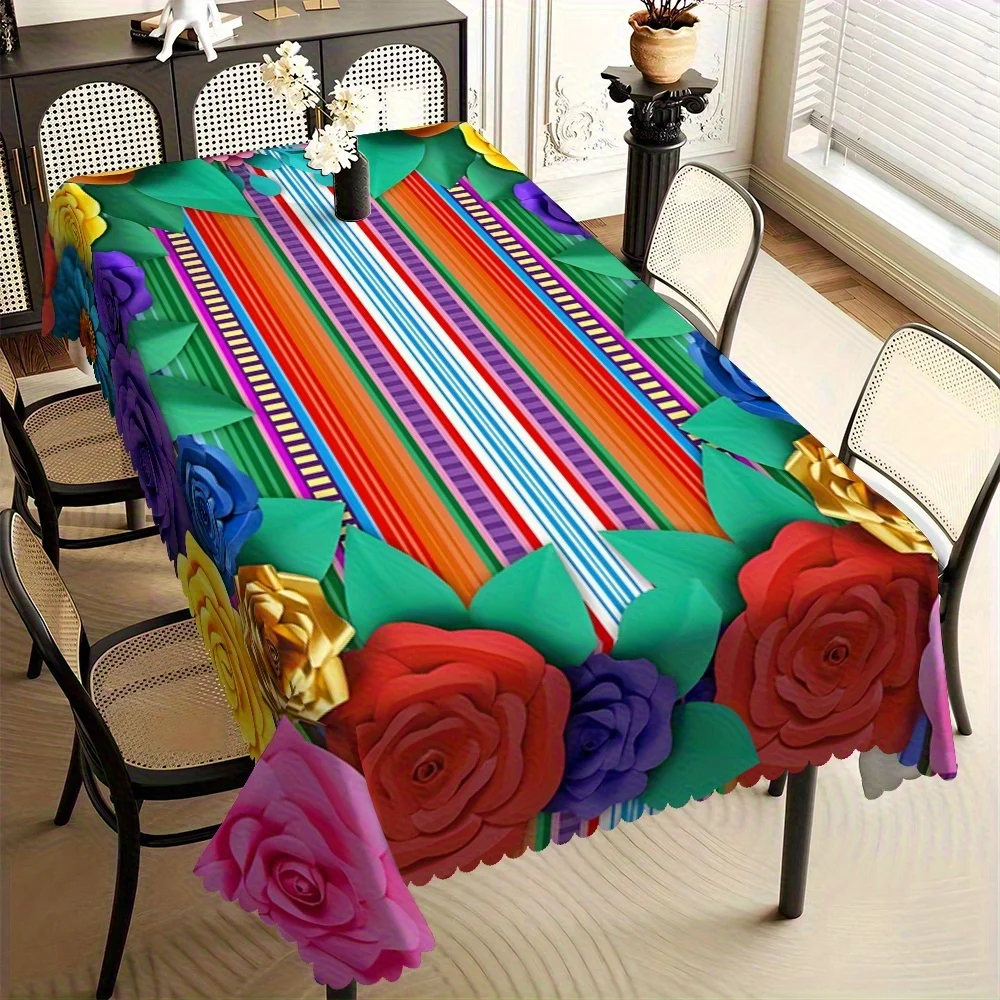 Bright Mexican Stripes Big Colorful Rose Table Cover Scalloped Edge Waterproof Tablecloth for Cinco De Mayo Fiesta Table Decor