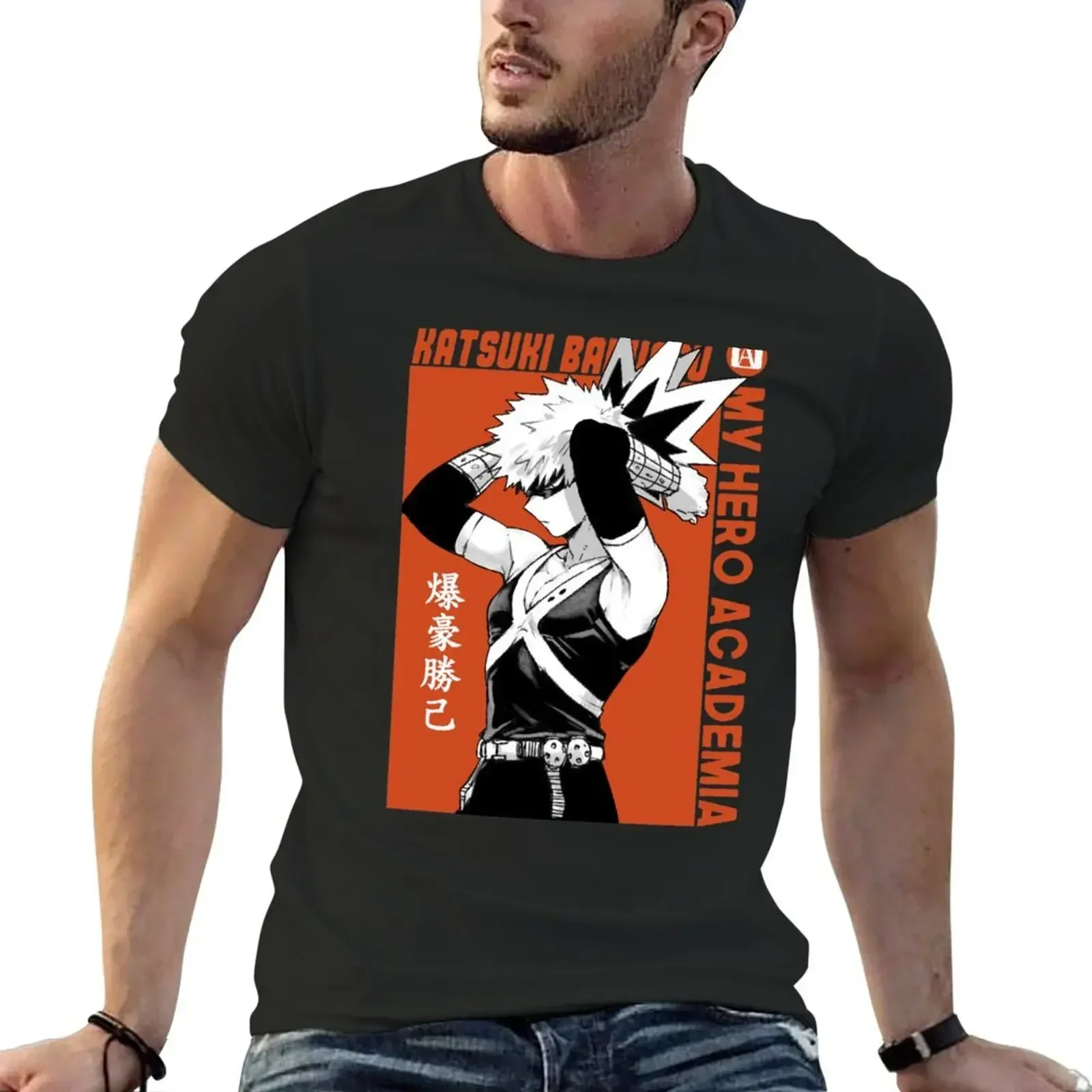 Camiseta vintage de cuello redondo para hombre, prenda de vestir, a la moda, de gran tamaño, estilo vintage, Katsuki, Bakugo, sublime