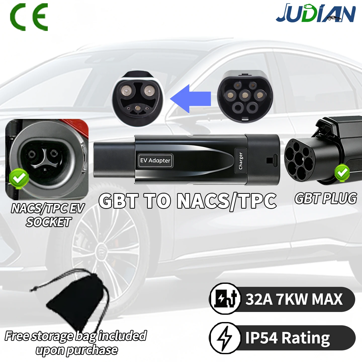 GBT to Type2 Type1 NACS 32A 7KW/22KW Charging Adapter Convert GBT Charging to Type2 J1772 TPC Connector for Electric Vehicles