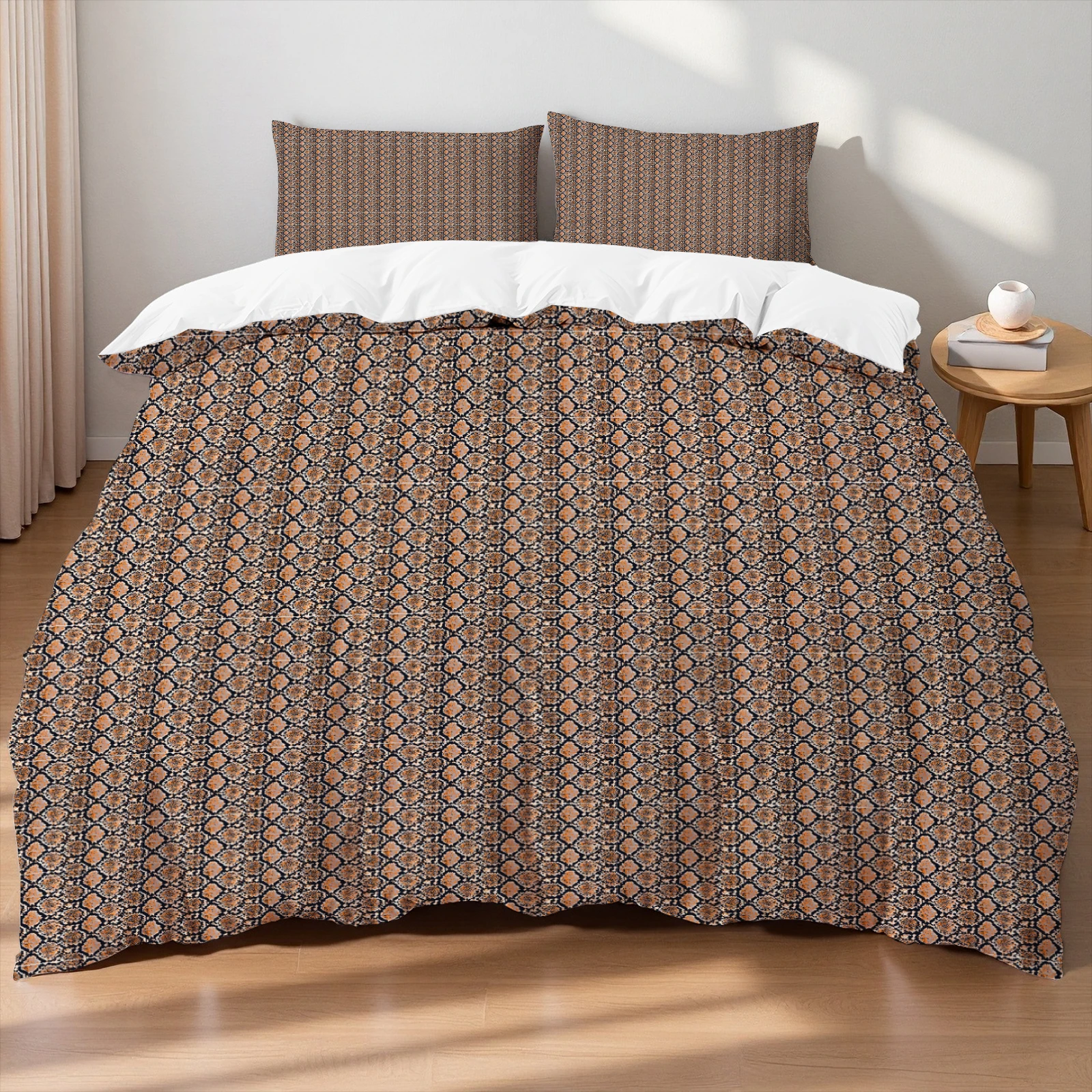 Retro Orange Black Tile Bedding Set  Wrinkle-Free Fade-Resistant Bohemian Floral Pattern Duvet Cover Set For Home Bedroom
