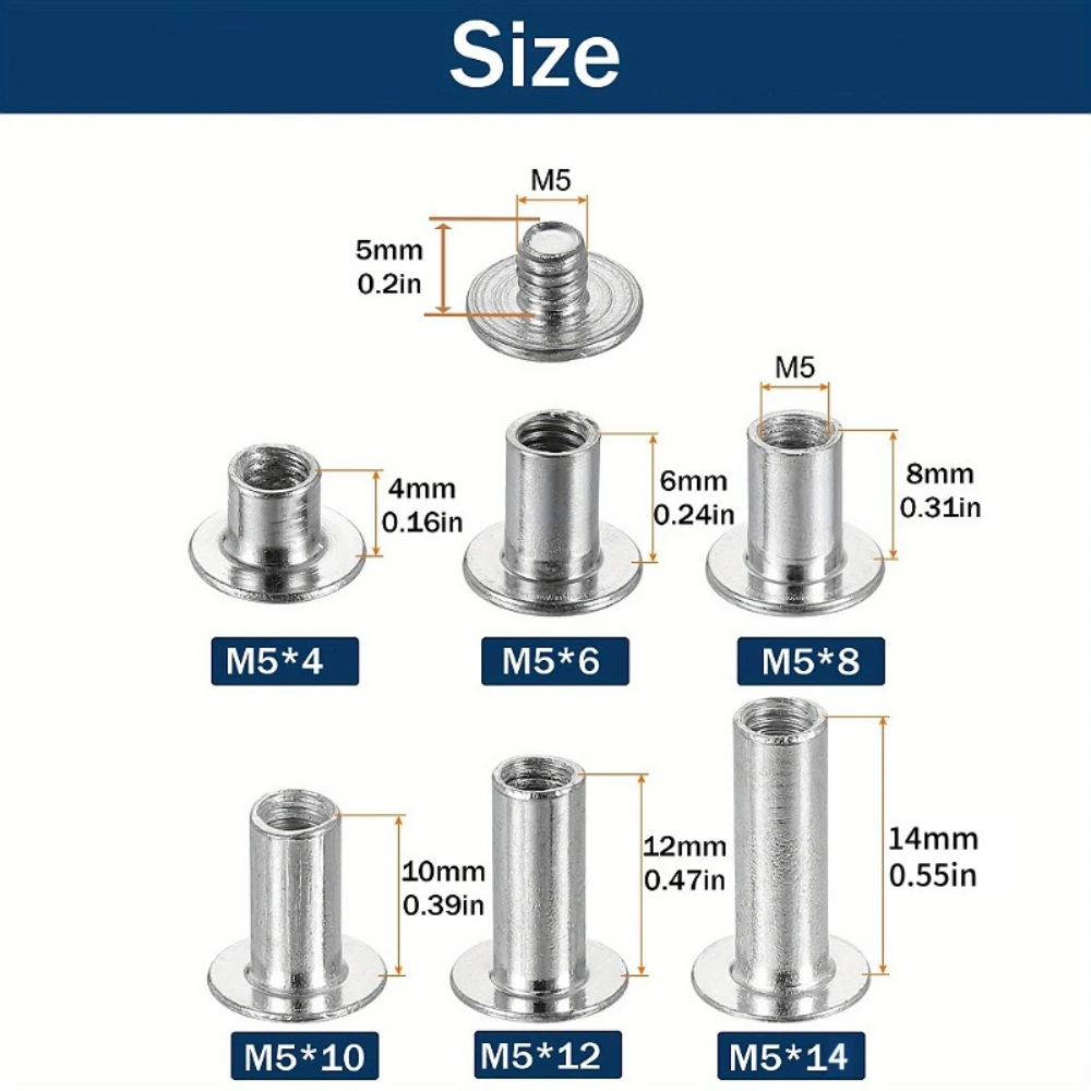 

20pcs M5x6/8/10/13mm Stainless Steel Metal Craft Flat Belt Screws Leather Bag Photo Album Book Post Chicago Screw Nail Rivet