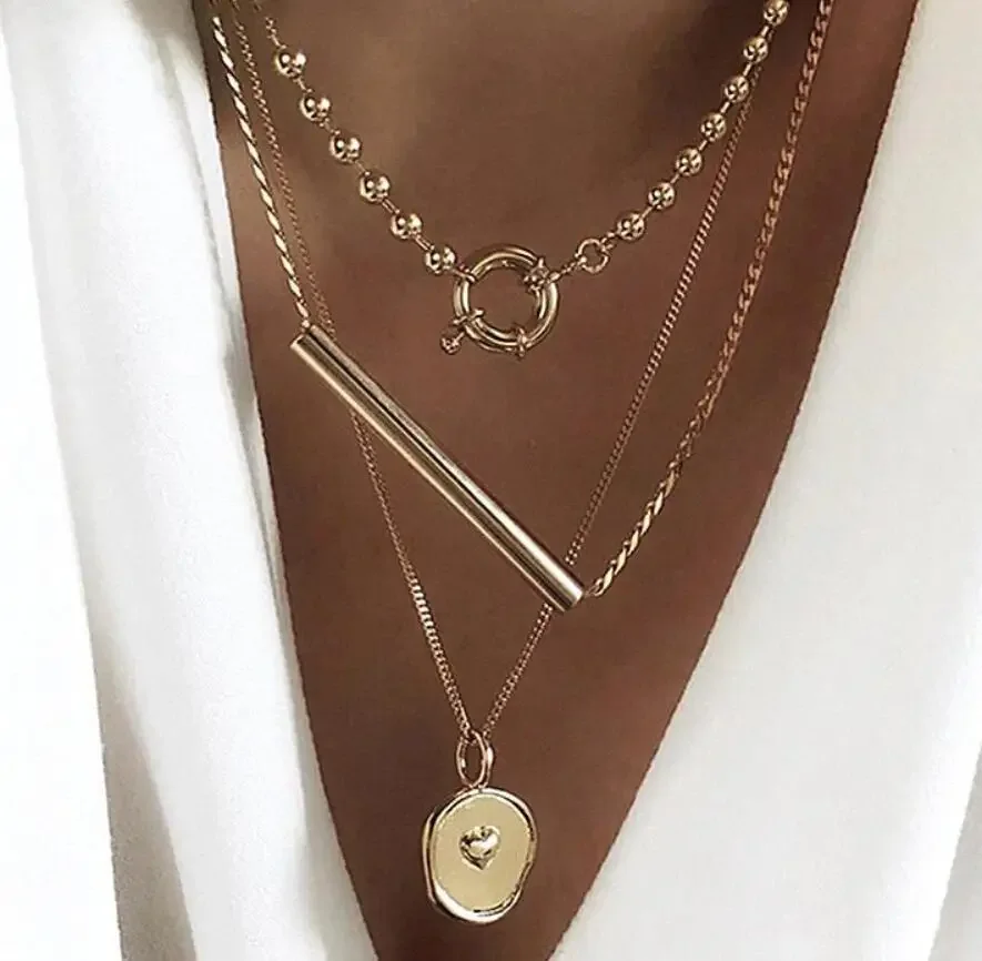 Minimalist Heart Hoops OT Gold Color Coin Stacked Necklace For Women Party Birthday Fashion Jewelry New 2024 Custom Jewelry