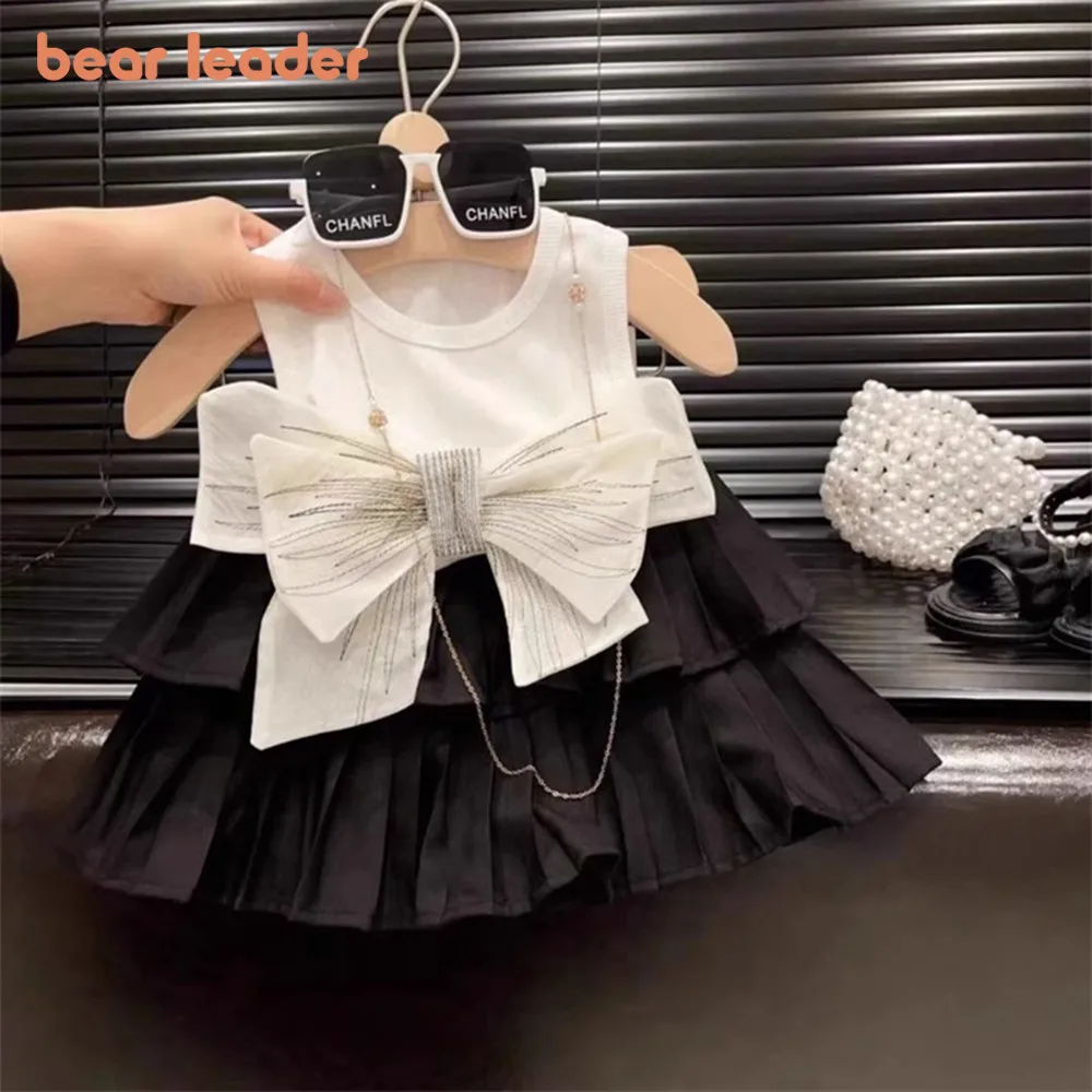 Bear Leader Solid Color Baby Girls Clothing Sets Summer Big Bow Vest Tops and Cake Skirts 2 Pieces Suits 3-7Y Mesh Kids Clothes