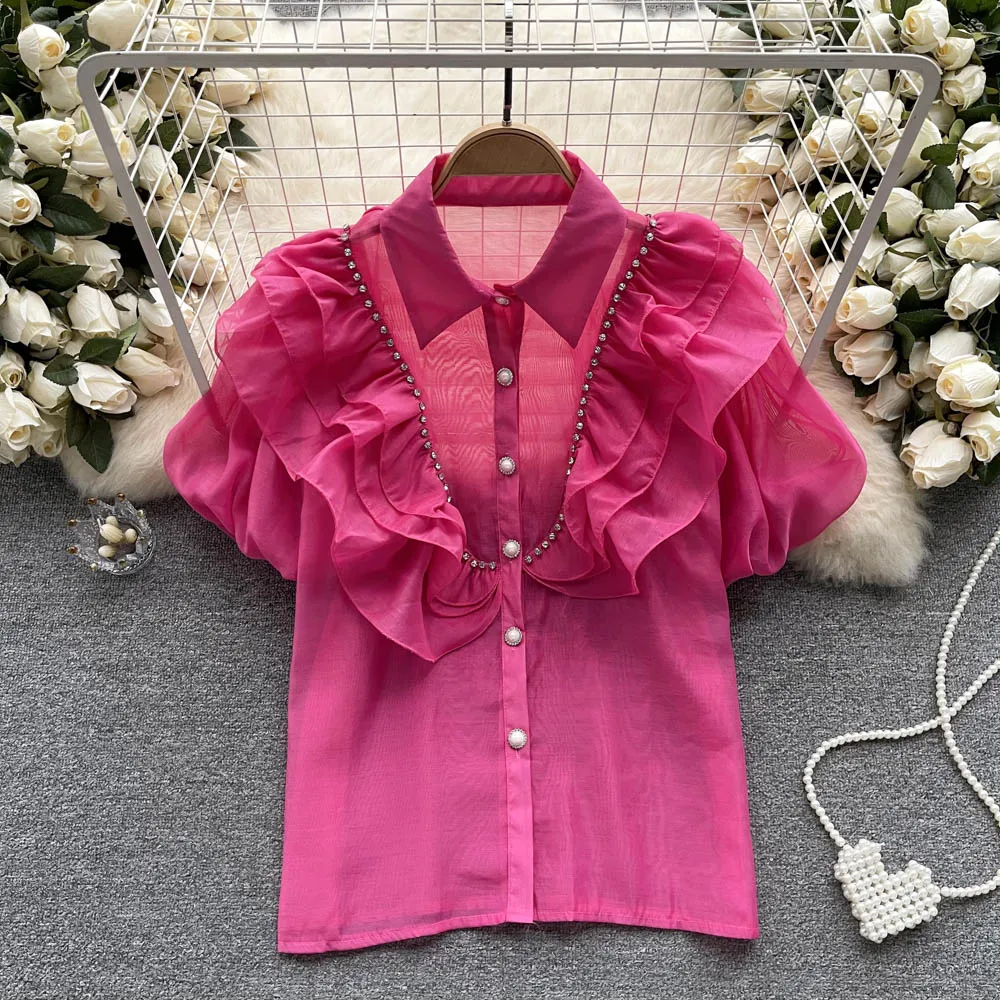 Vintage Rhine Stone Ruffle Short Sleeve Loose Blouse Slim Elegant Fashion Crop Top Sexy Spring Summer Women Shirt