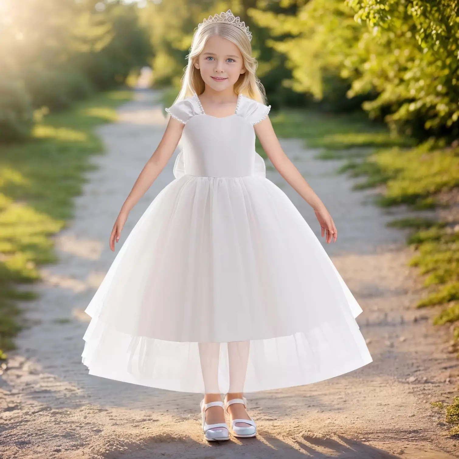 Vestido blanco de tul con lazo grande y perlas elegantes para niñas, vestido Formal de fiesta de boda y cumpleaños para desfile de primera comunión