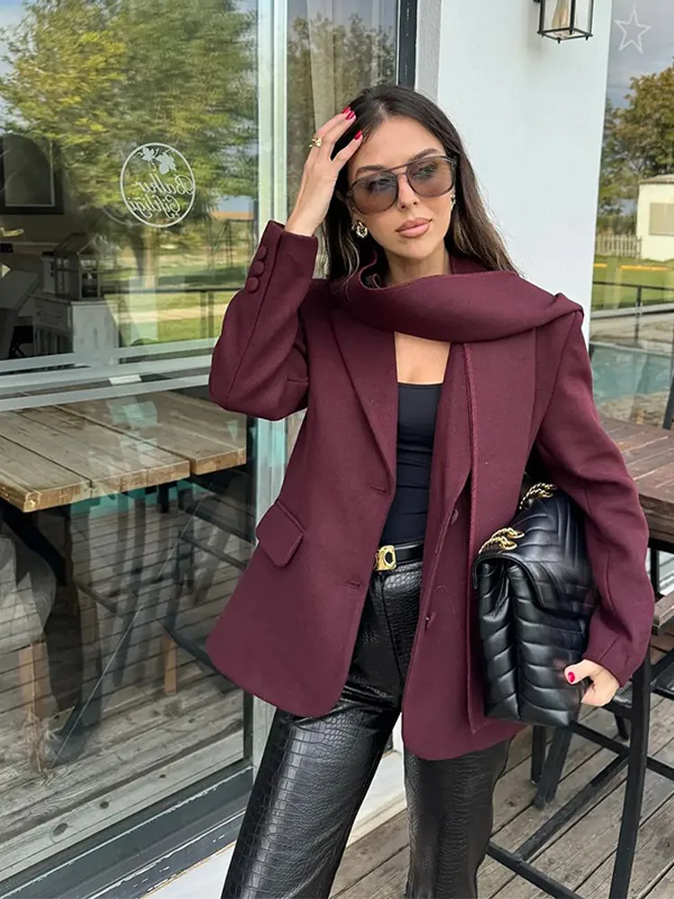 Wine Red Chic Woman Scarf Collar Long Sleeved Short Jacket Elegant Solid Color Single Breasted Coat 2025 New Lady Streetwear