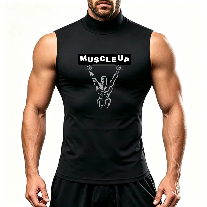 Summer Men's Compression Turtleneck Tank Top Elastic Quick Dry Sleeveless Gym Shirt Workout Running Sportswear Fitness Vest Tee