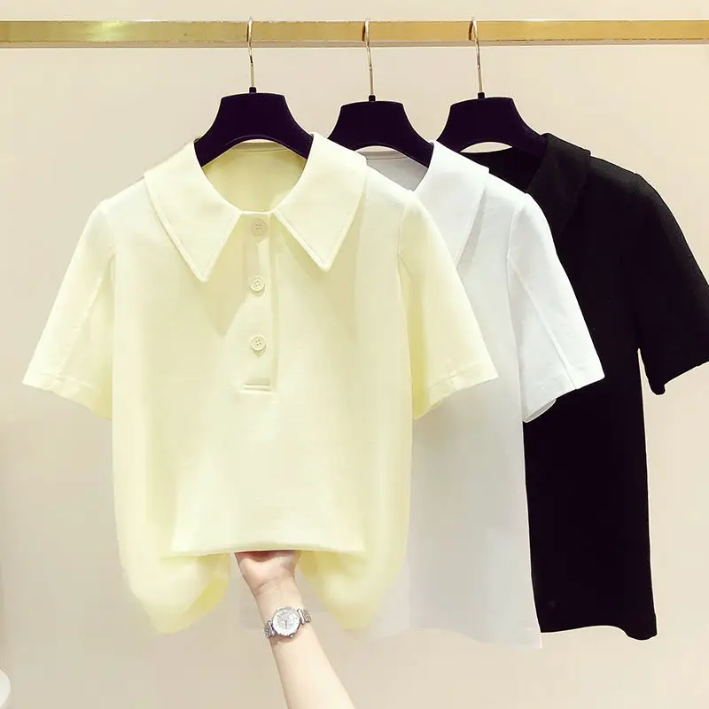 

Summer 2024 Simplicity Loose Casual T-shirts for Women Solid Color Button High Waist Lapels Short Sleeve Polyester Y2K Chic Tops