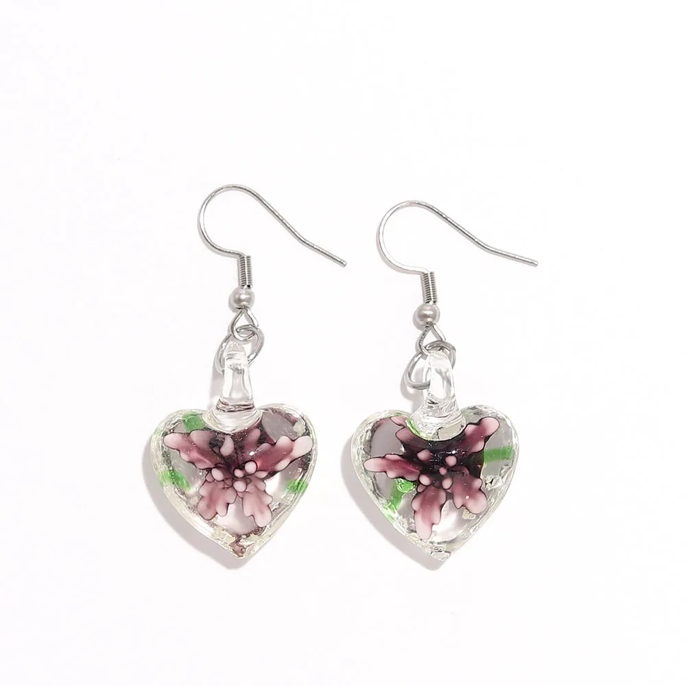 Qianbei Womens 2025 Handmade Noctilucent Heart Murano Lampwork Glass Mix Color Women Flower Glass Earrings Summer Vocation gift