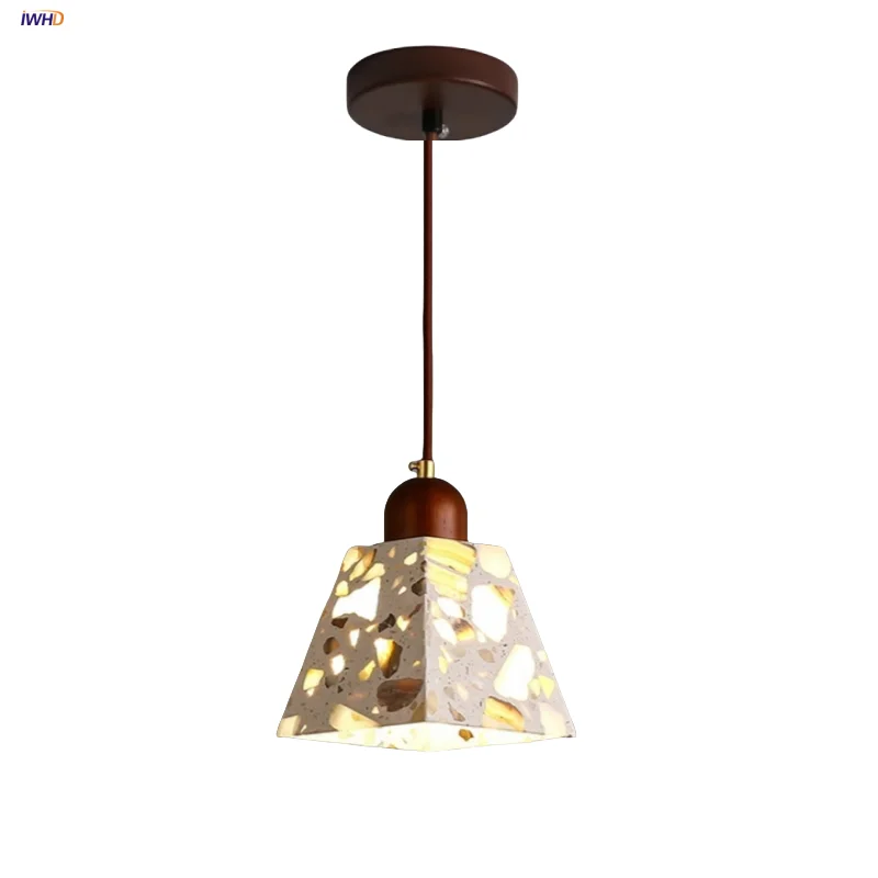 

IWHD Brown Wood LED Pendant Lamp Japan Style Living Room Kitchen Bar Wabi Sabi Terrazzo Stone Hanging Light Fixtures Hanglampen