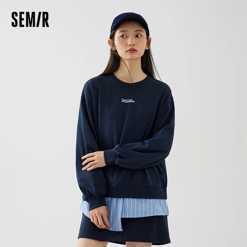 Semir 2023 Women Sweater Autumn New Irregular Splicing  Fake Two-piece Loose Pullover  Letter Print Sweater for Women