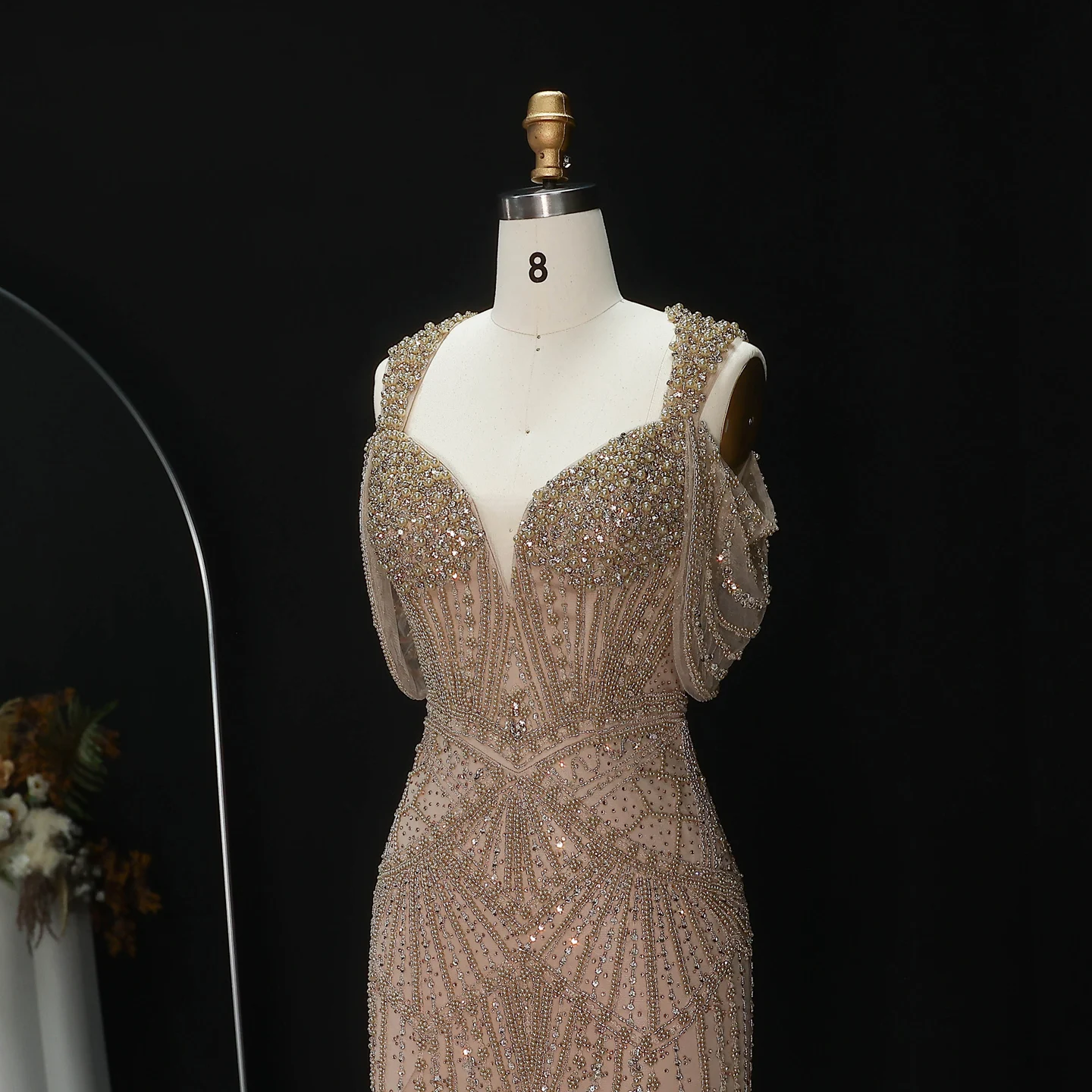 Sharon Said Luxuriöses Abendkleid mit rosa Perlen und Perlenstickerei, drapiertem Träger, V-Ausschnitt, Meerjungfrauen-Schnitt, für formelle Anlässe und Partys, SS193, maßgeschneidert – Detail 13