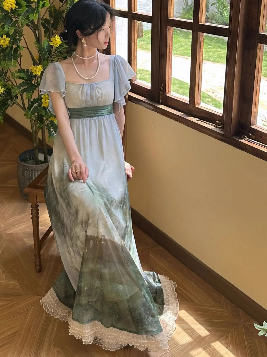 

Новое летнее женское платье с принтом, квадратным вырезом, повседневное, с кружевными вставками, А-силуэт