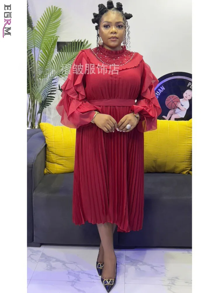 

EGRM Pleated Elegant Dress Women Fashion O-neck Beading Full Long Sleeve A Line Ruffles New 2025 Evening Party Dresses 6R3875
