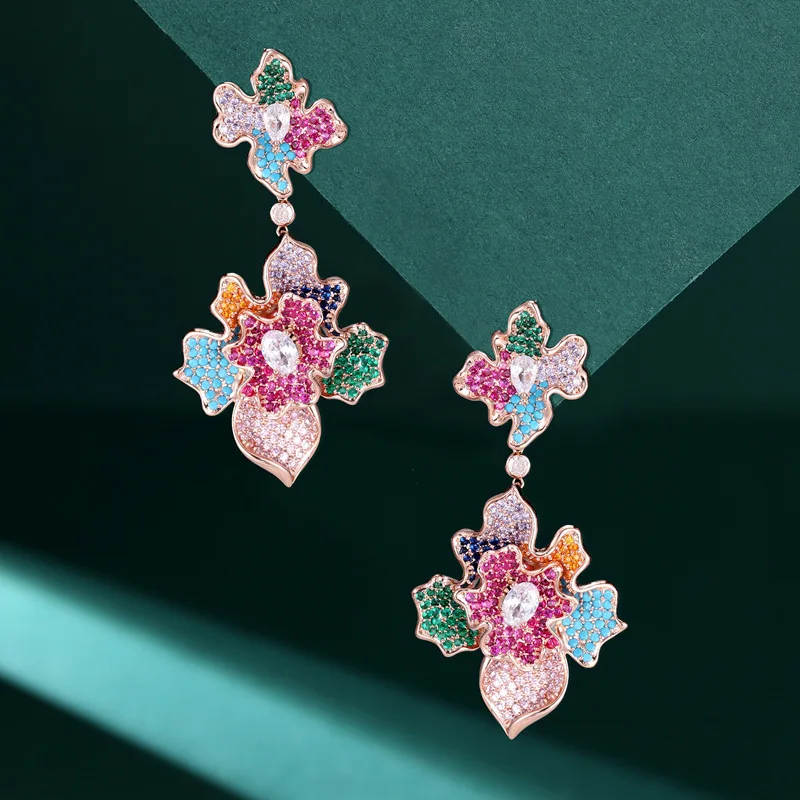 

Heavy Industrial Luxury Micro-inlaid Zircon Colored Earrings Personality Exaggeration Flower Earring for Women Banquet