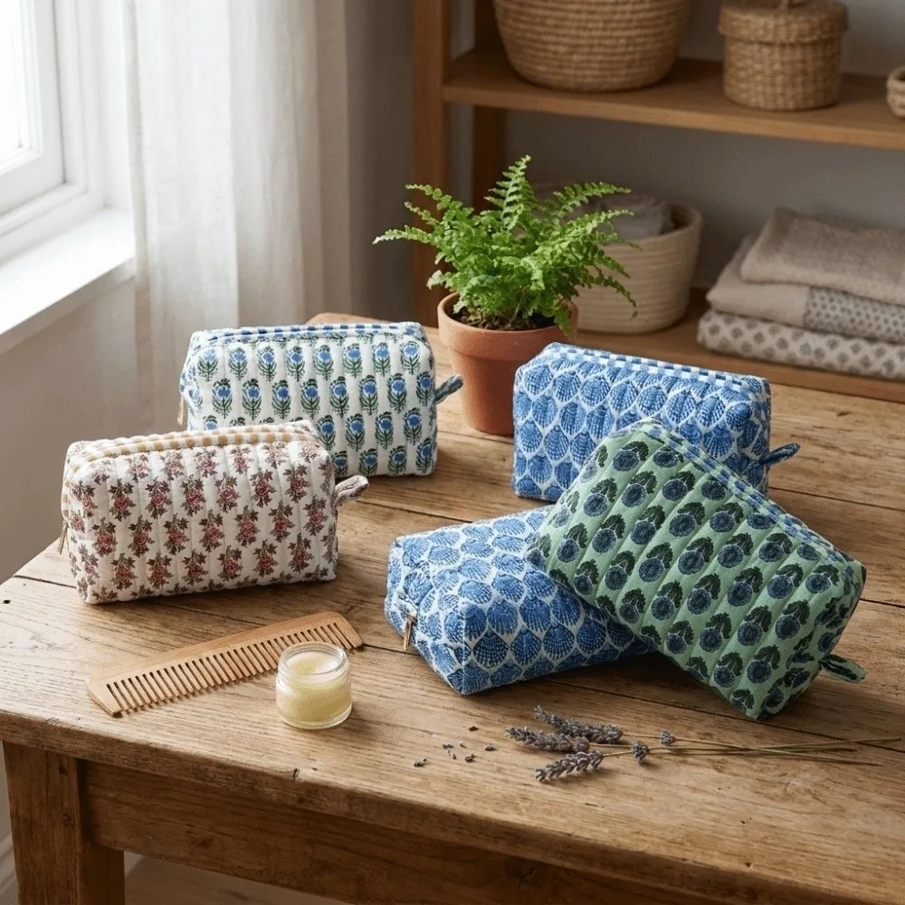 Large Capacity Quilted Makeup Bag Wear Resistant Zipper Floral Pattern Toiletry Bag Multi-Functional Easy To Clean Cosmetic Bag