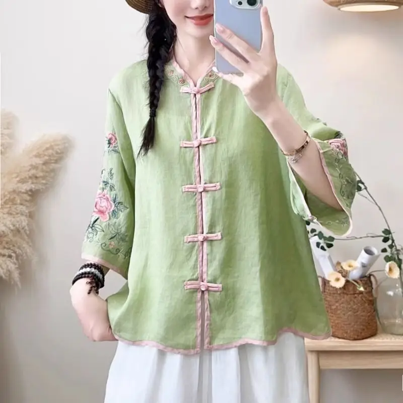 Summer New Retro Tops Contrasting Color Cotton and Linen Embroidered Ethnic Wind Blouse Flared Sleeve Cardigan shirt for Women view 2