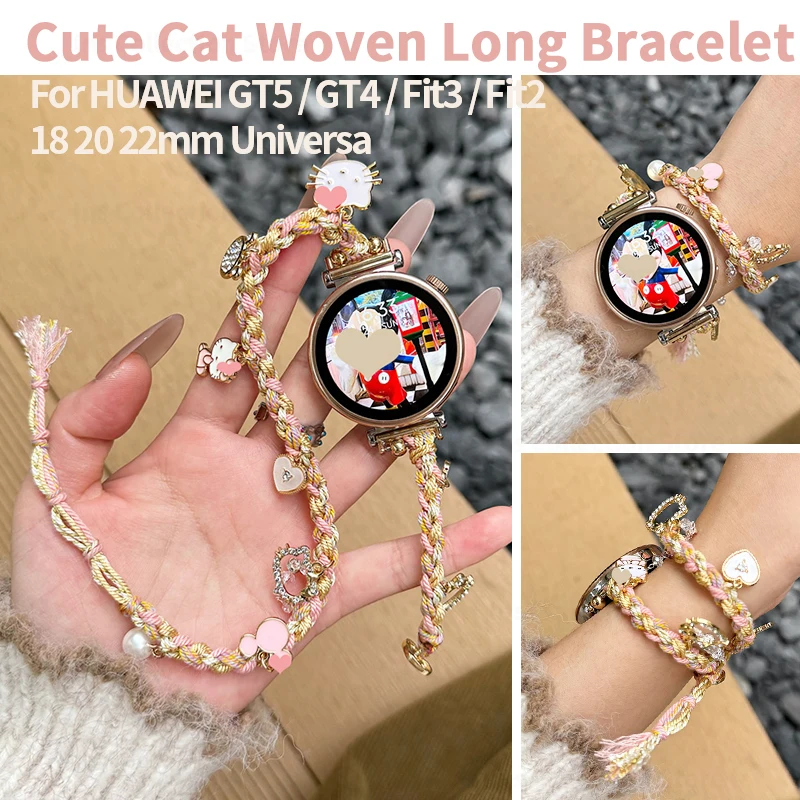 18 20 22mm Woven Rope Strap for Huawei Watch Gt 5 41mm 46mm Metal Cartoon Rat Pendant Long Bracelet for Samsung Galaxy 7 6 5 4 3