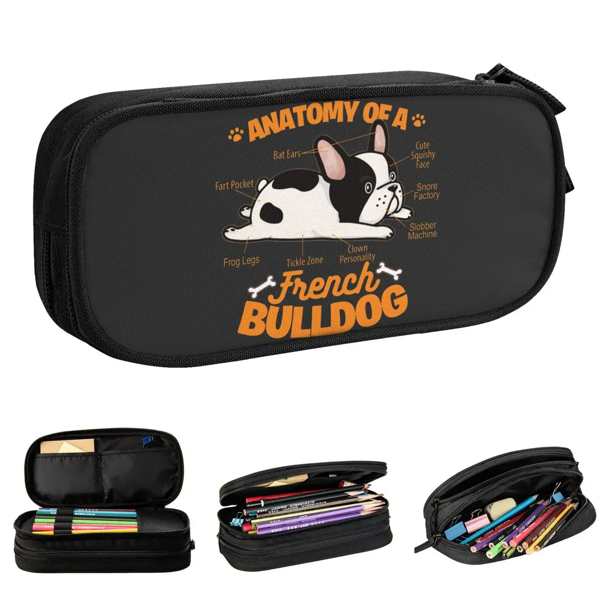 Anatomy Of A French Bulldog Funny Pet Frenchie Dog Pencil Case Pen Bags Girl Boy Large Storage Students School Pencil Box