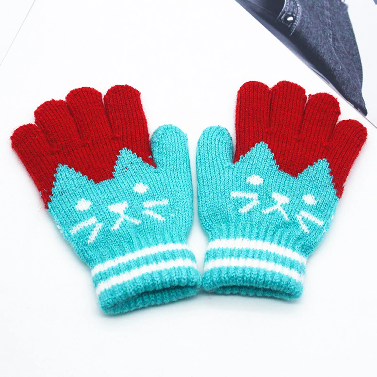 Winter Children\'s Plus Velvet Thickening Cute Cartoon Cat Point Finger Gloves