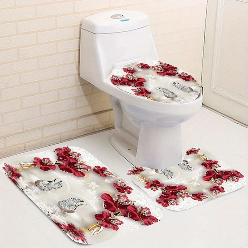 Luxurious Red Orchid Bathroom Shower Curtain Set with 12 Hooks: Includes Toilet Seat Cover, Bath Mats, And Rugs - Non-Slip, Wash