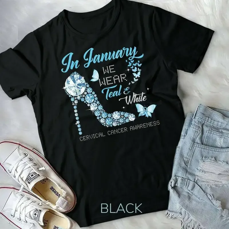 Camiseta juvenil unisex de concientización sobre el cáncer cervical de tacón alto blanco y verde azulado de enero