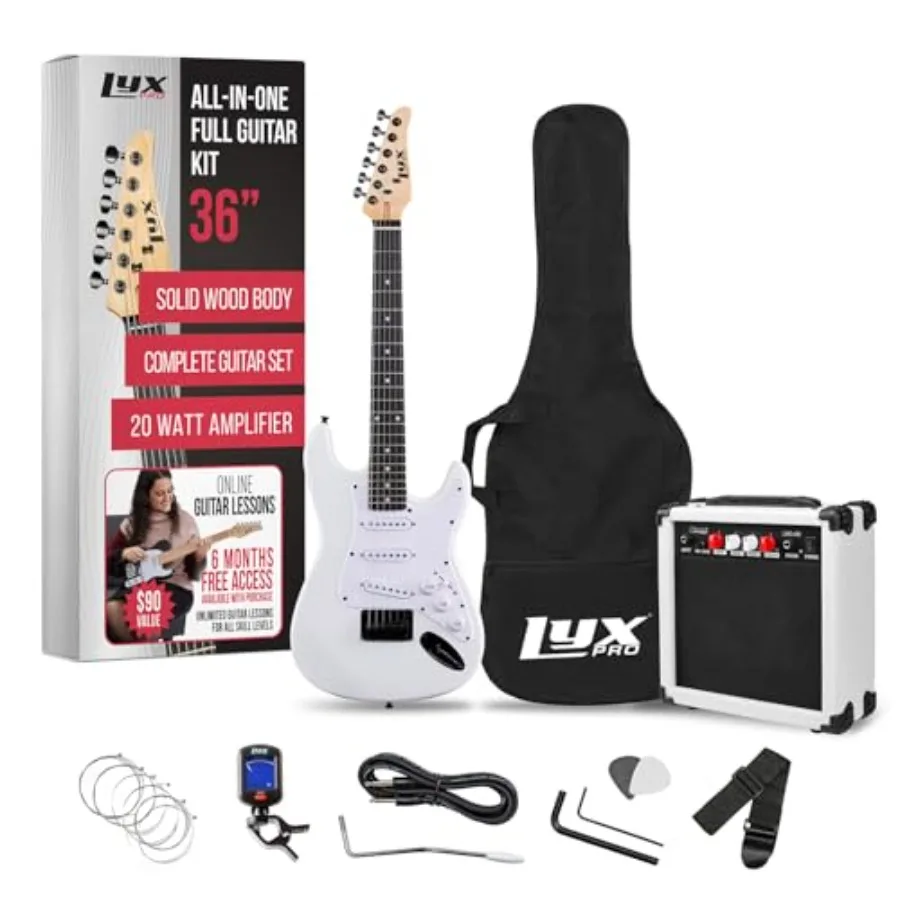 

36 Inch Electric Guitar Kit for White 3/4 Size Beginner Guitar with Amp Six Strings Two Picks Shoulder Strap Digital Clip On Tu