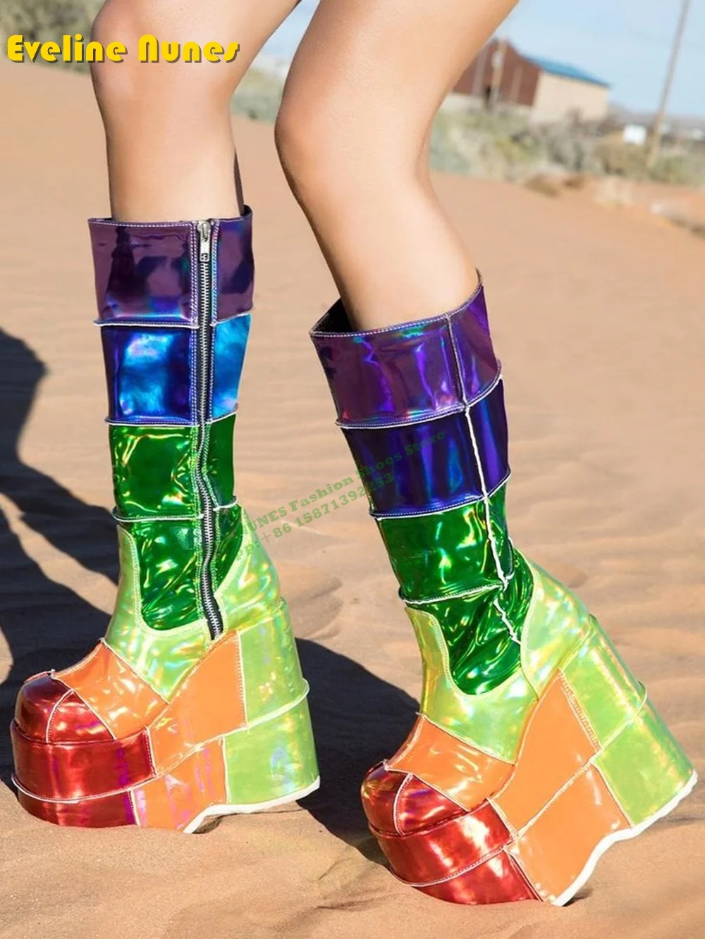 

Way Up High Rainbow Stack Platforms Knee High Boots Round Toe Thick Sole Height Increasing Patchwork Modern Boots 2024 New Style