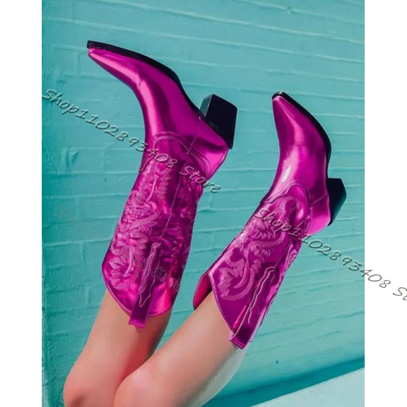 Rose Red Sewing Cowboy Boots Pointed Toe Chunky High Heels Slip on Boots Designer for Women Fashion Shoes Zapatos Para Mujere