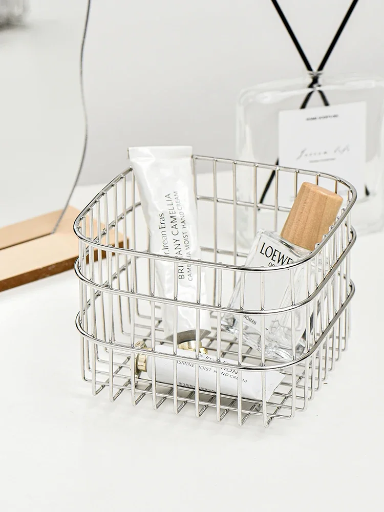 Ahunderjiaz-Luxury Stainless Steel Silver Storage Basket, Cosmetic Pen Holder, Desktop Sundry Square Basket, Home Decoration