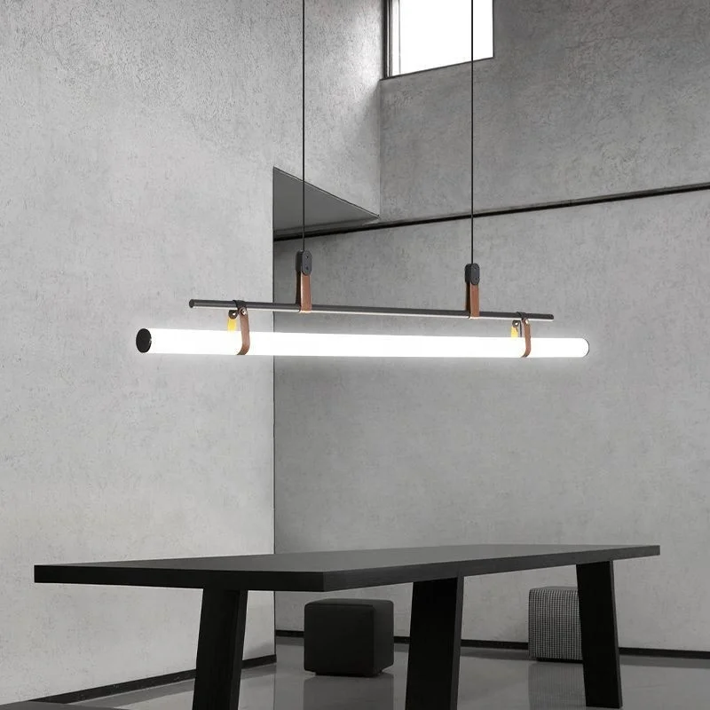 

Modern Simple Long Line Pipe Pendant Light Living Room Bedroom Kitchen Long Linear Tube Bar Suspension Leather Hanging Light