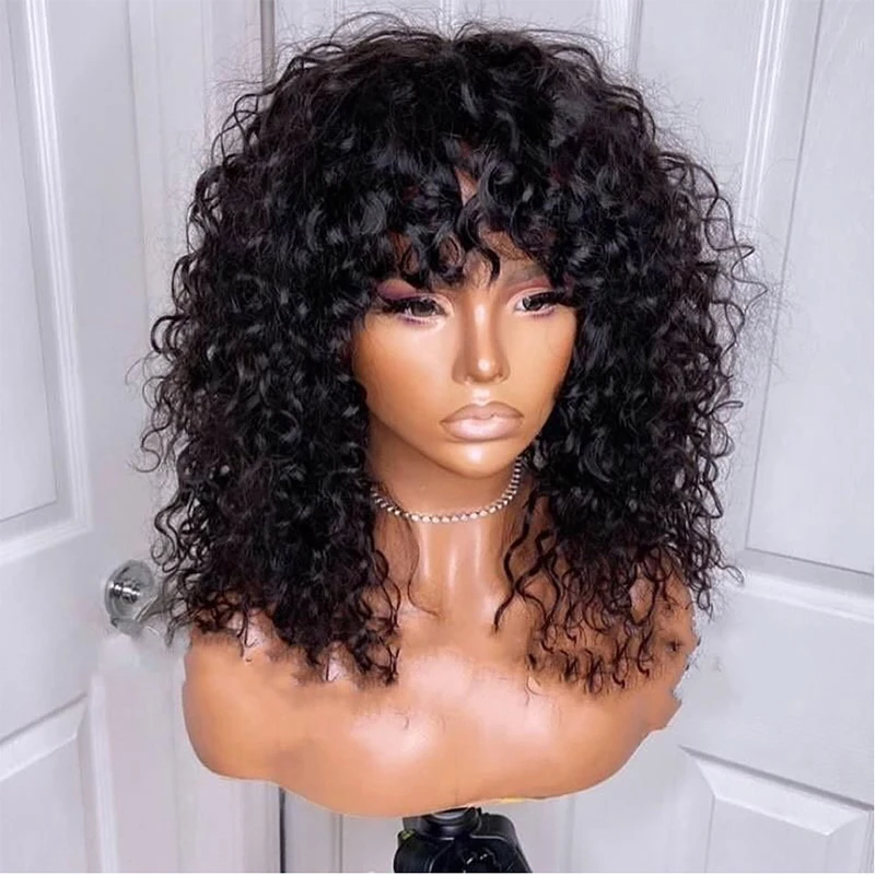 

Naural Black Long 180Density 26“ Soft Glueless Kinky Curly Machine Wig with Bangs For Women BabyHair Preplucked Heat Resistant