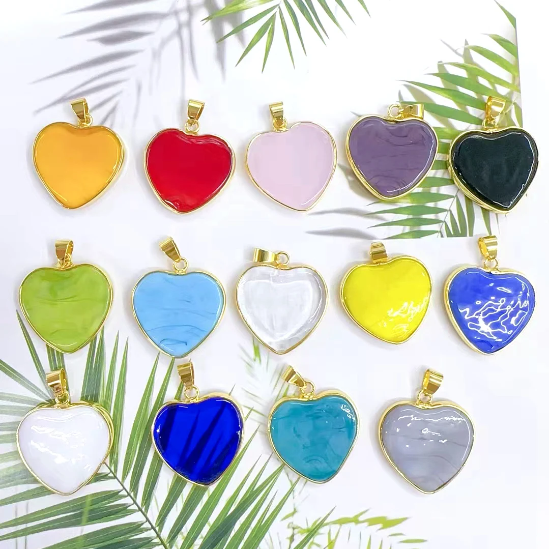 

25mm-10Pcs /18K Gold Plated Rainbow Multi Colored Glaze Lampwork Glass Clear Pure Heart Shaped Charm Trendy Pendants