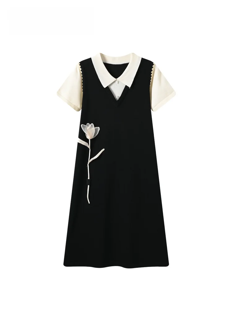 

CaraCLUB Summer New plus Size Dress Women's Collar Loose Meat Conceal Age Reduction Short Sleeve French Style A-Line Dress