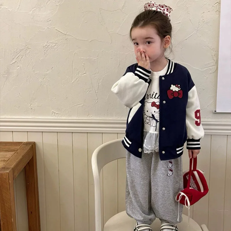 

Girls' Spring Autumn Three Piece Set New Cute Hellokitty Pattern Color Blocked Jacket Cartoon Lace Edge Top and Coat Pants Sets