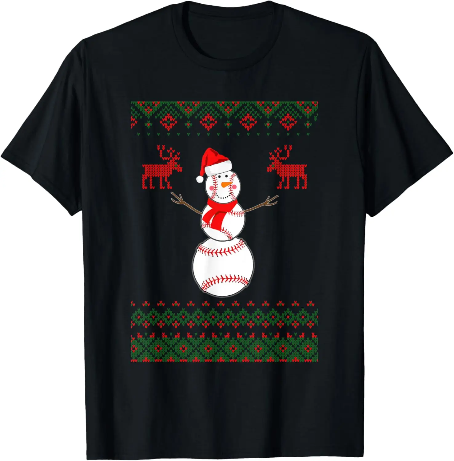 

Уродливая рождественская футболка в виде бейсбольного снеговика с липким узором и праздничным подарком