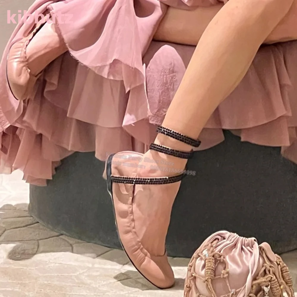 Crystal Cross Strap Ballet Pumps Satin Round Toe Flat With Mixed Color Slip-On Fashion Elegant Concise Dress Women Shoes Newest