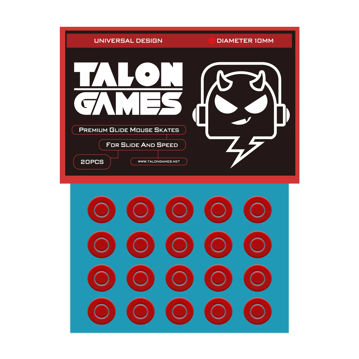 TALONGAMES-Pés do rato para Razer, Logitech, Glorious Steelseries, Pontos universais, borda curva redonda, pés do rato, vermelho, 10mm, 20 peças