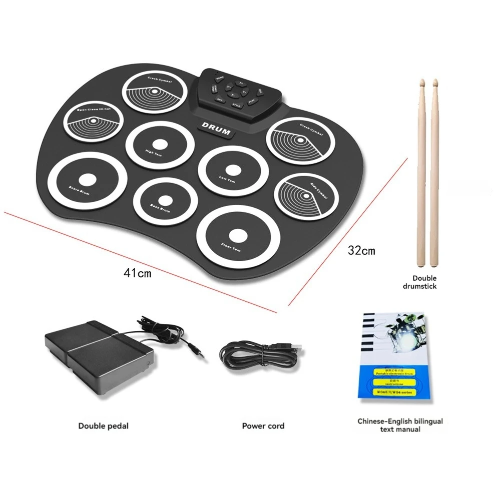 Electronic Drum Set Hand-Rolled Drum 9-Pad MIDI Interface Supports DTX Games Portable Drum Set with Drumsticks Pedals