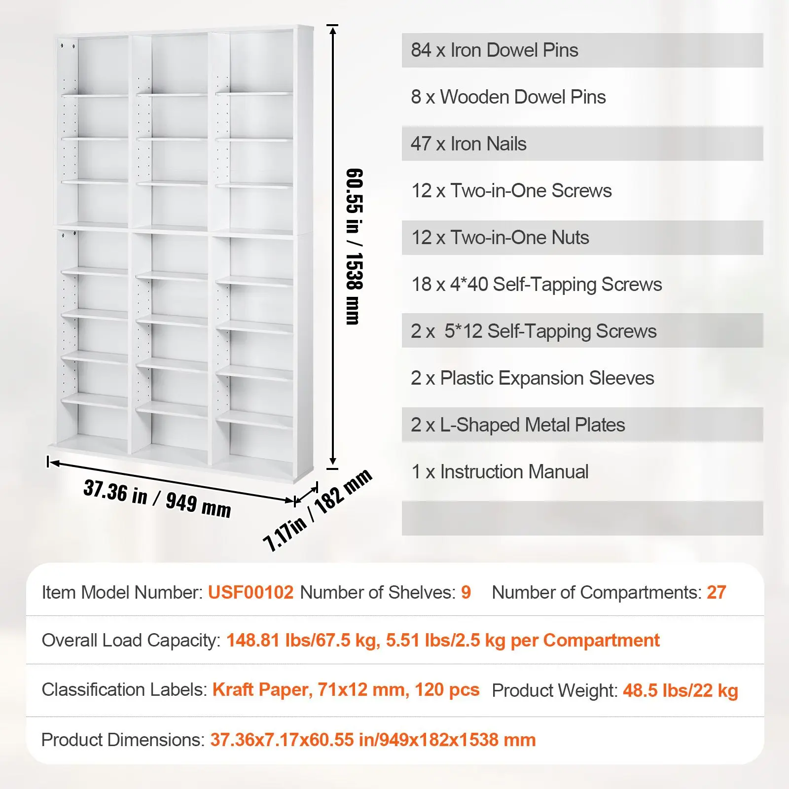 Media Storage Cabinet, 9-layer DVD Shelf Holds up to 756 CDs, Adjustable CD Shelves 27 Compartments, Protects & Organizes Music, Movie, Video Games or Memorabilia Collections,White