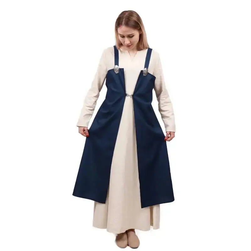 DAZCOS Women's Medieval Linen Apron Renaissance Peasant Over Dress Costume with Brooches Medieval Linen Underdress for Women