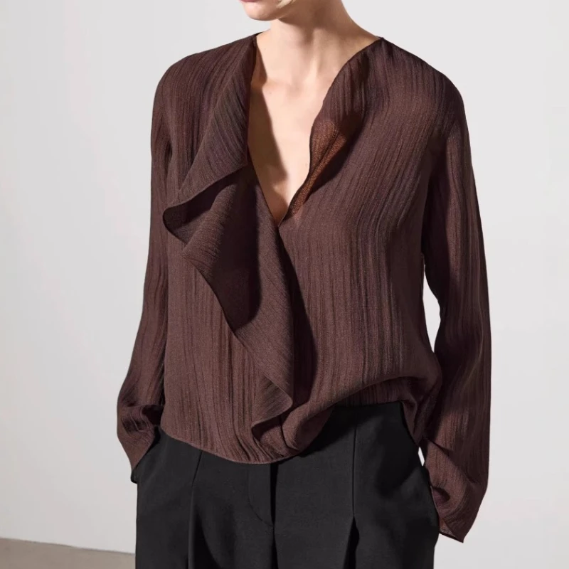 

Spring 2025 Women's Solid Color Pullover Ruffled V-neck Long-sleeved Shirt