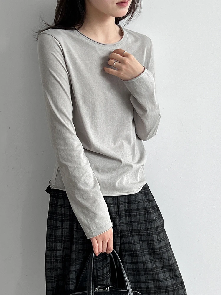 Women Gray White Brief Plain Color Casual T-shirt New Round Neck Long Sleeve Fashion Tide Spring Autumn
