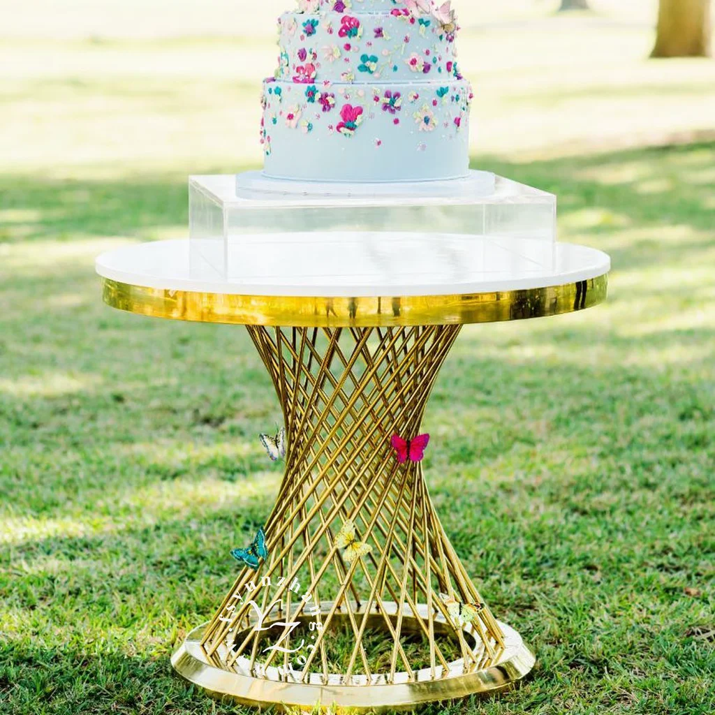

Luxury Gold Stainless Steel Cake Stand Table with Mirror Glass Top for Wedding & Party Home & Apartment Dining Furniture