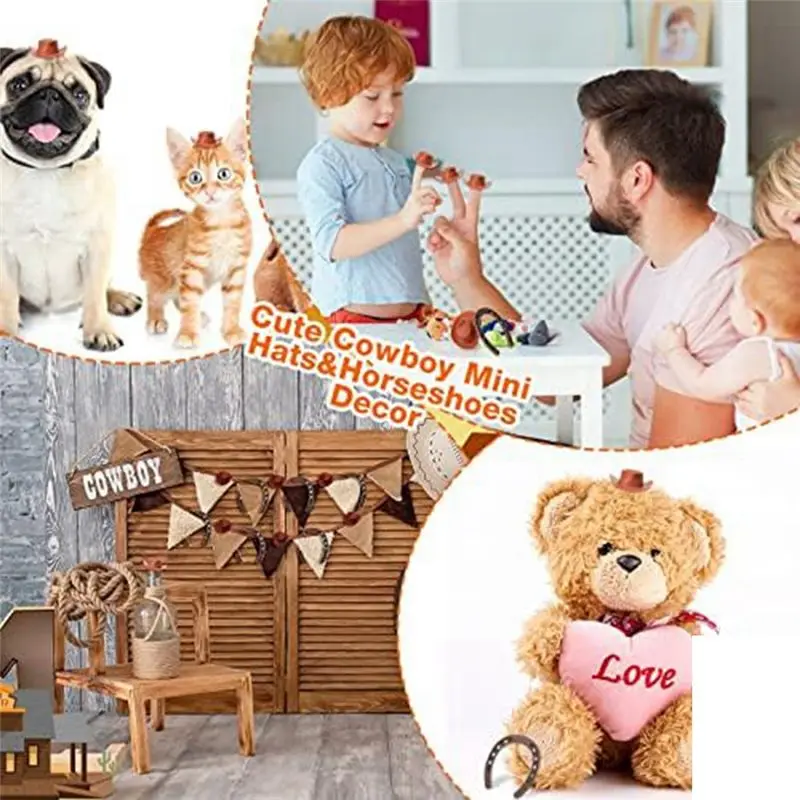 

AT33 24 Pieces Western Theme Lucky Horseshoe Ornament and Mini Cowboy Hat Crafts Miniature Horse Shoes Wedding Gift Set